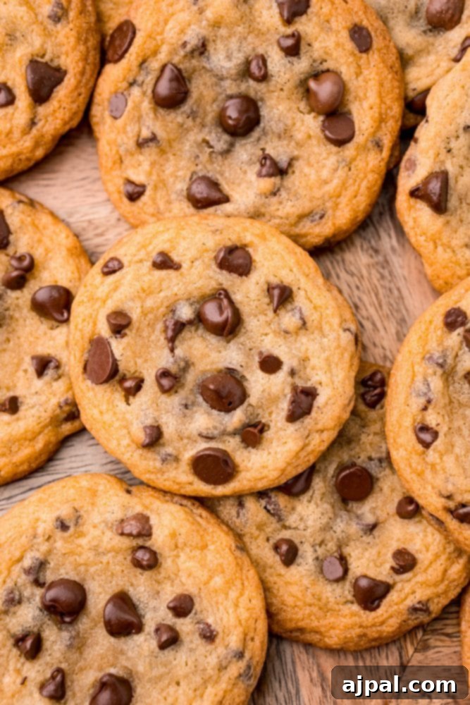 Ultimate Chewy Chocolate Chip Cookies 7 A beautifully presented collection of classic chewy chocolate chip cookies on a warm wooden table, ready to be enjoyed.
