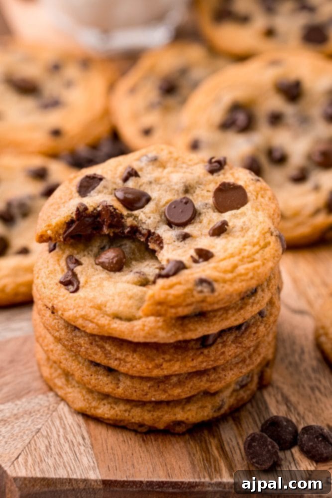 Ultimate Chewy Chocolate Chip Cookies 8 A delightful stack of soft and chewy chocolate chip cookies, each golden-brown with melted chocolate, on a wooden cutting board.