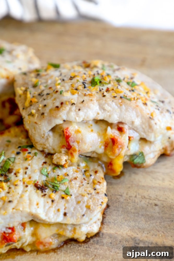 Cheesy baked stuffed pork chops on a rustic wooden cutting board, garnished with fresh herbs.