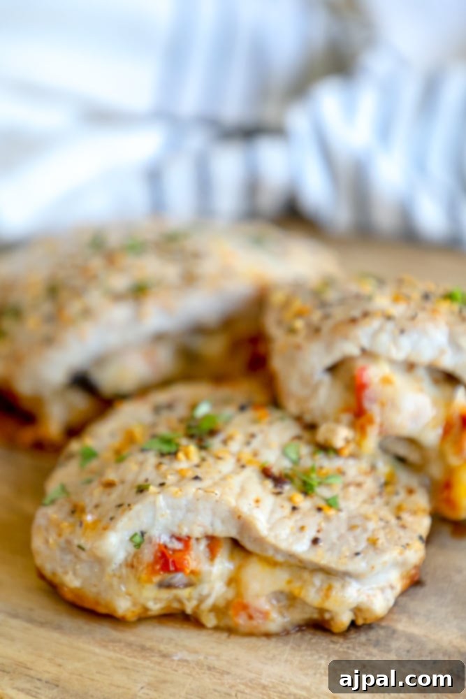 Two cheesy baked stuffed pork chops on a wooden cutting board, showcasing the delicious filling.