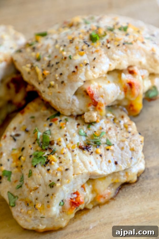 Close-up of a beautifully baked stuffed pork chop, revealing the melted cheese and colorful vegetables inside.