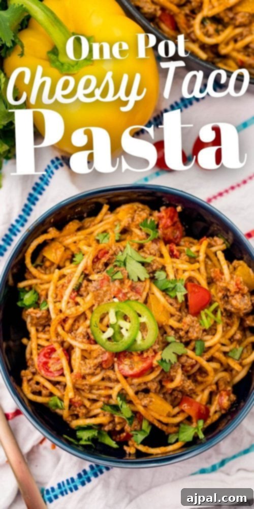 Quick and Delicious Taco Spaghetti 12 A beautifully presented one-pot cheesy taco pasta recipe, featuring perfectly cooked spaghetti intertwined with rich taco meat and melted cheese, making for an inviting meal.