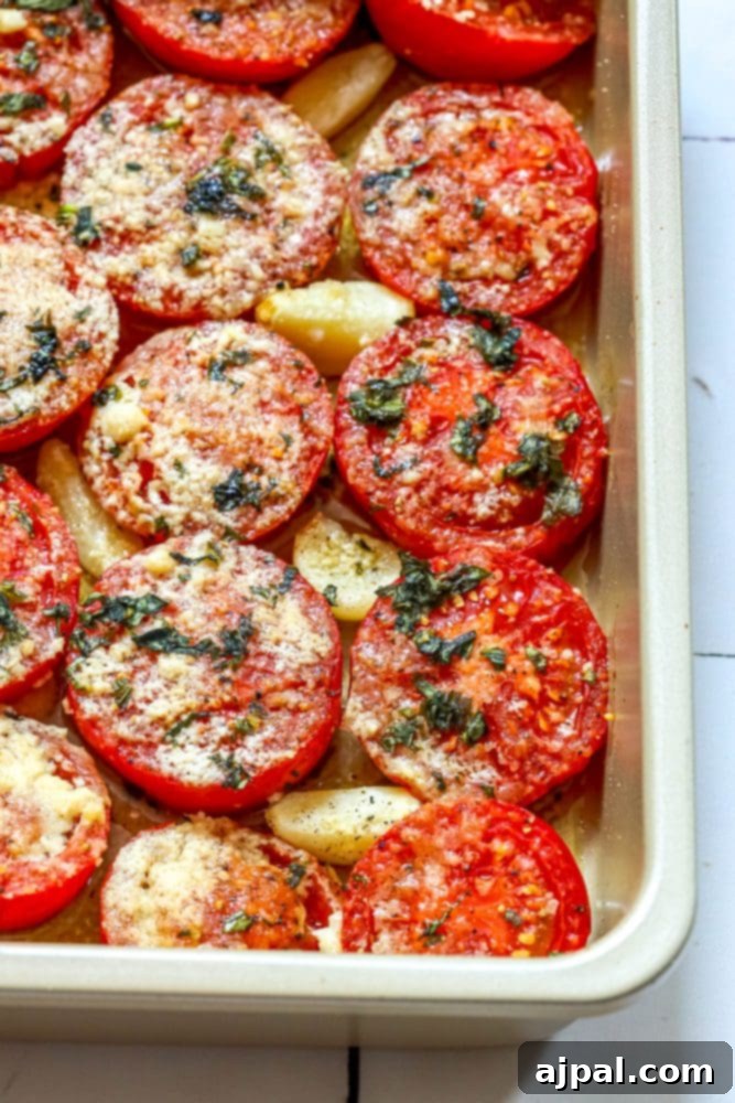 tomatoes in a casserole dish with garlic, basil, and parmesan cheese