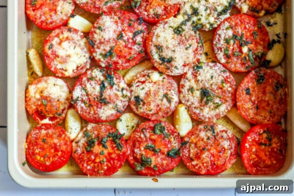 tomatoes in a casserole dish with garlic, basil, and parmesan cheese