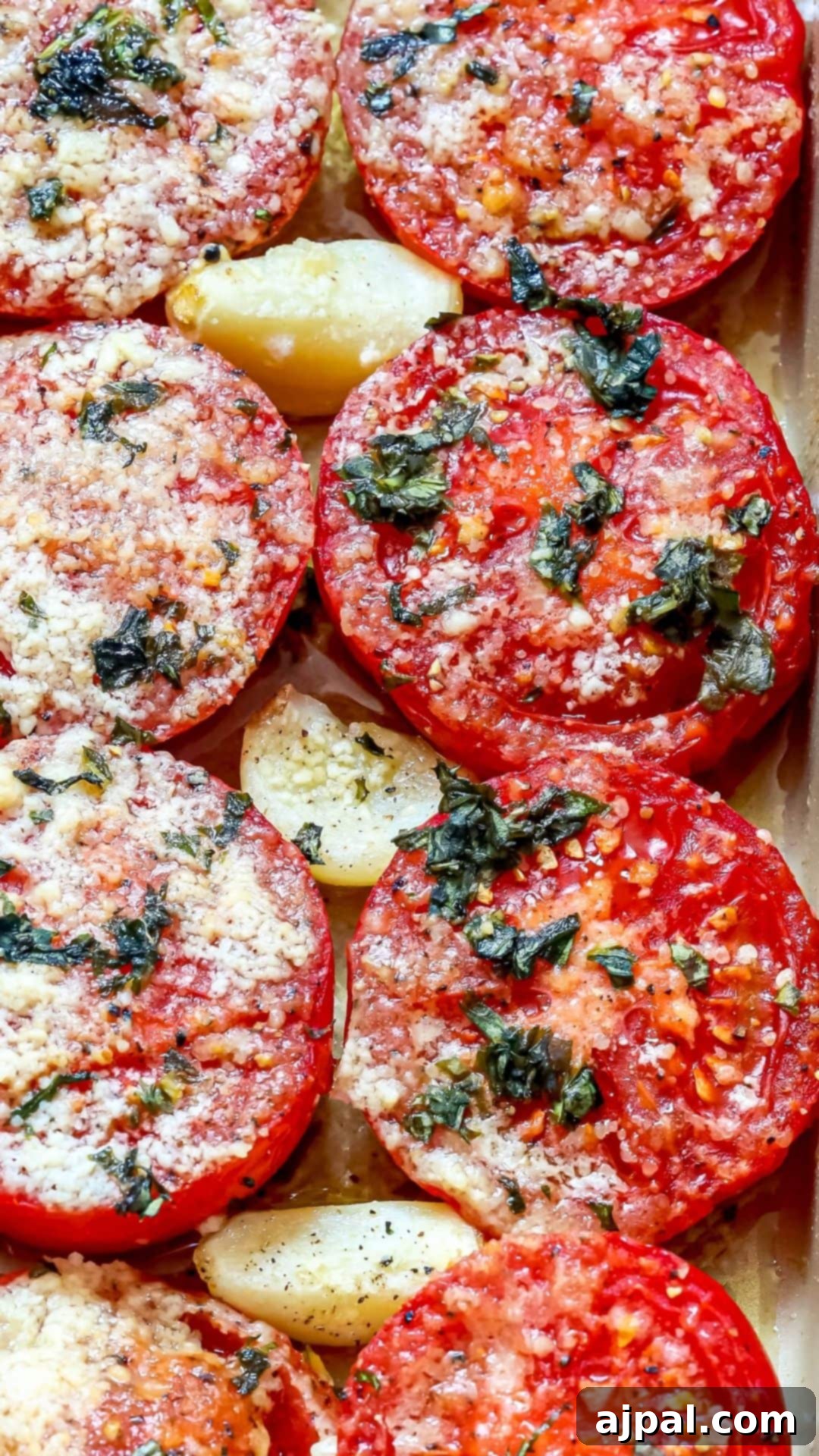 tomatoes in a casserole dish with garlic, basil, and parmesan cheese
