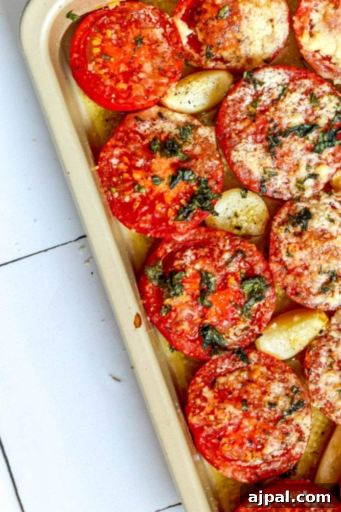 tomatoes in a casserole dish with garlic, basil, and parmesan cheese