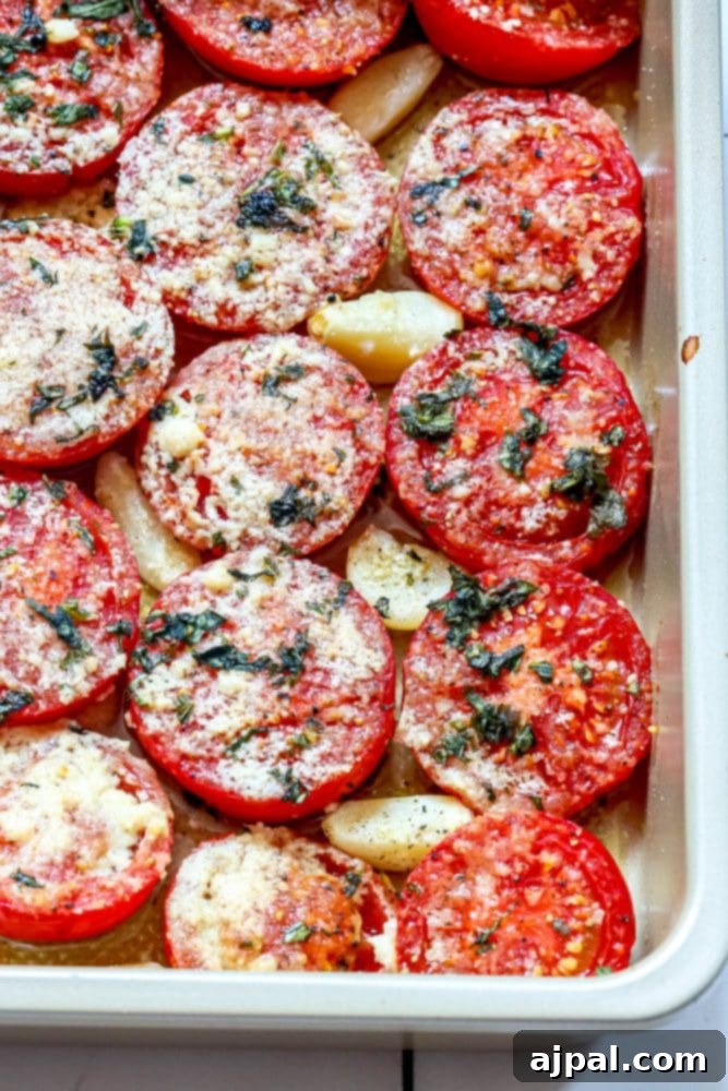 tomatoes in a casserole dish with garlic, basil, and parmesan cheese