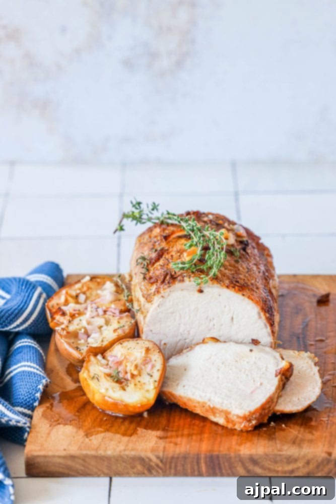 pork loin on a cutting board with roasted pears, shallots, and rosemary