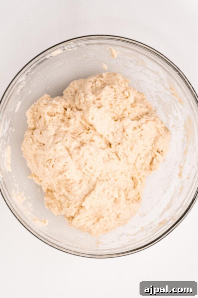 The beer bread dough expertly mixed in a bowl, showcasing its consistent texture before baking.