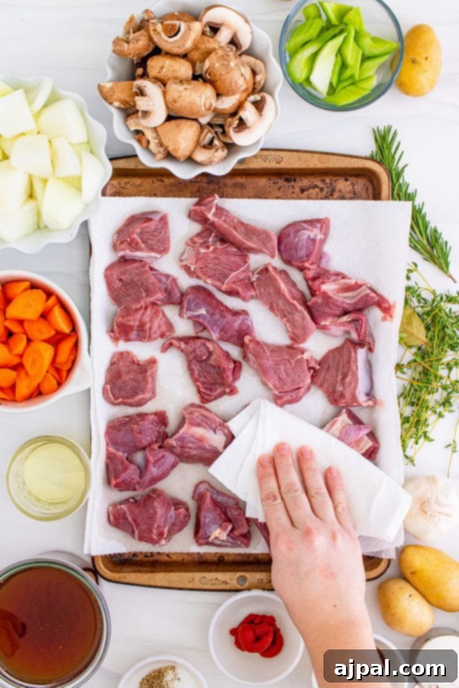 A hand gently patting dry venison meat with a paper towel, a crucial step for proper browning.
