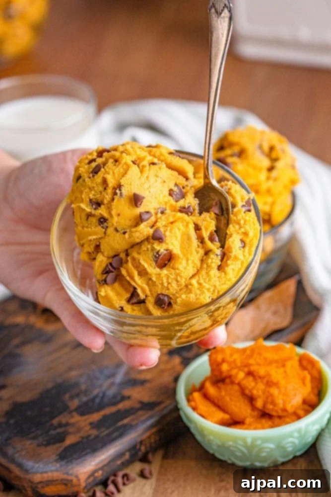 A vibrant bowl of edible pumpkin chocolate chip cookie dough, ready to be enjoyed.