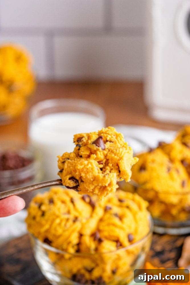 A person holding a spoon full of edible pumpkin chocolate chip cookie dough, emphasizing its delightful texture and readiness to eat.