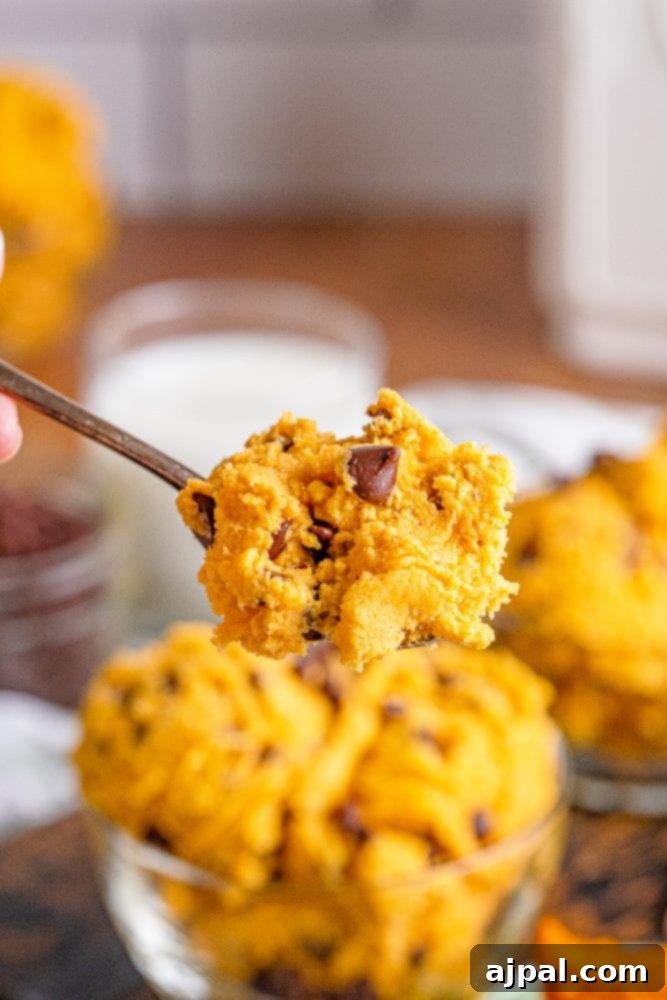 A hand holding a spoon filled with the delectable edible pumpkin chocolate chip cookie dough, ready for tasting.