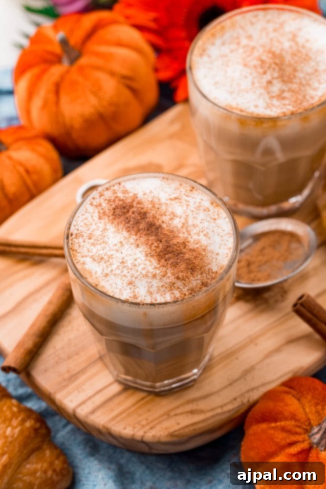 Deliciously creamy pumpkin spice latte served in a clear glass on a rustic wooden table, garnished with a cinnamon stick and a sprinkle of pumpkin pie spice.