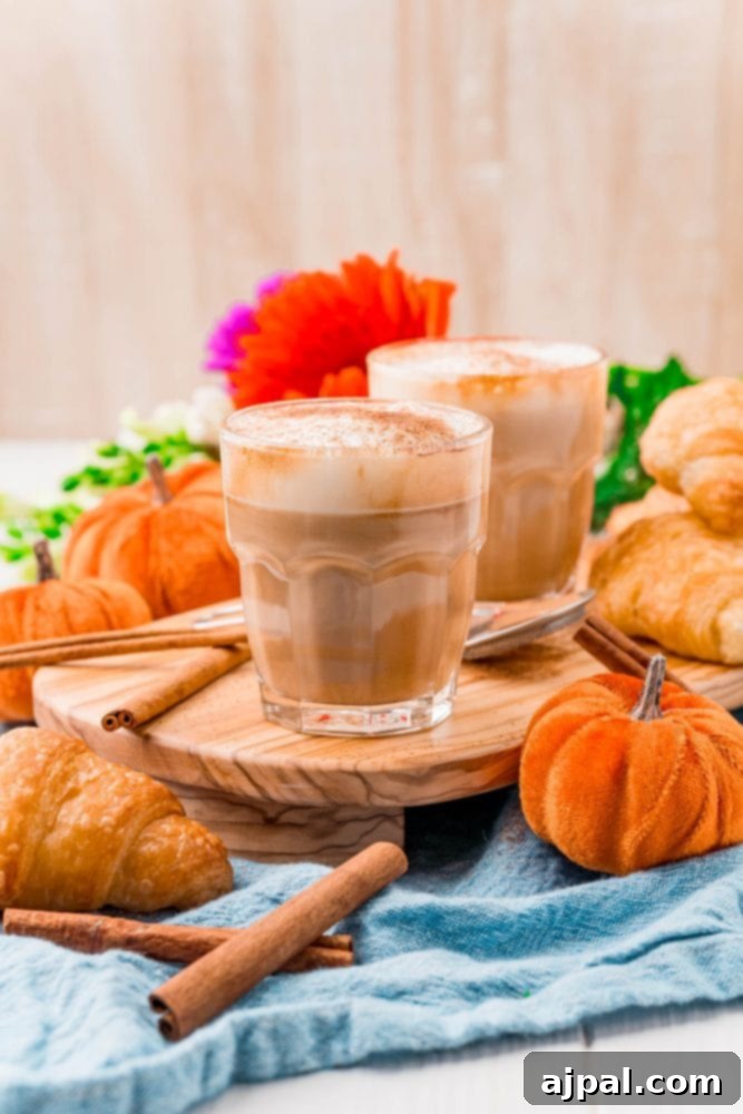 A festive autumn scene featuring a glass of homemade pumpkin spice latte with a croissant on a wooden table, surrounded by fall decorations.