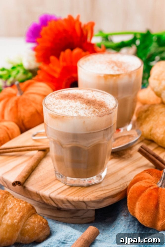 Two glasses of homemade pumpkin spice latte, garnished with whipped cream and spices, surrounded by mini pumpkins and fall foliage on a wooden board.