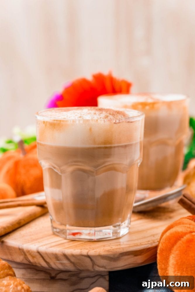 Two inviting glasses of pumpkin spice latte, topped with whipped cream and a sprinkle of spice, set against a backdrop of small pumpkins on a rustic wooden surface.