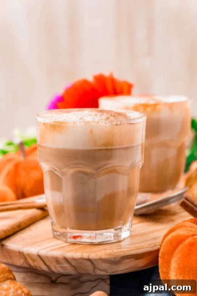 Two glasses of rich homemade pumpkin spice latte, adorned with whipped cream and a sprinkle of spice, alongside autumn decorations on a wooden table.