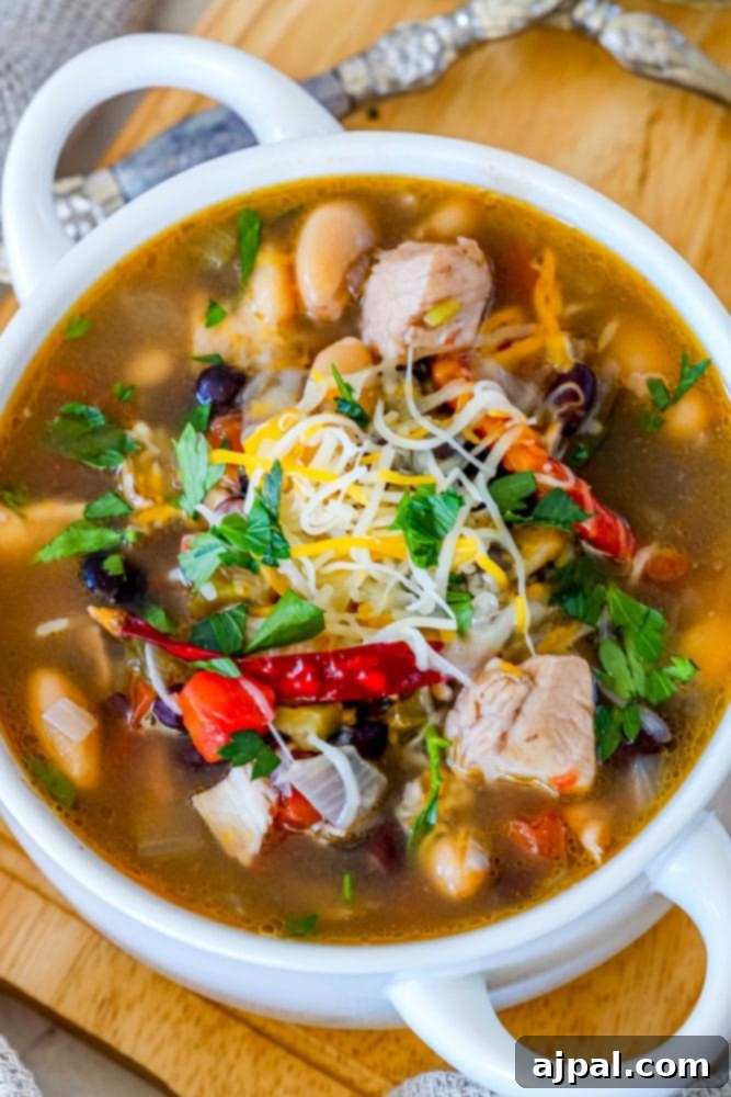 Another enticing view of spicy green chile chicken soup in a white bowl, garnished with cheese and cilantro, promising warmth and robust flavor.