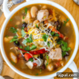 A vibrant bowl of spicy chicken soup with green chile and beans, beautifully topped with shredded cheese, fresh cilantro, and whole dried red chili peppers, presented on a wooden surface for a rustic touch.