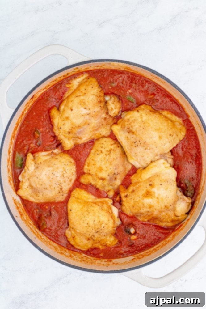 Simple Steps to Perfect Chicken Cacciatore 13 Tender chicken thighs nestled in the rich, bubbling Cacciatore sauce, ready to simmer.