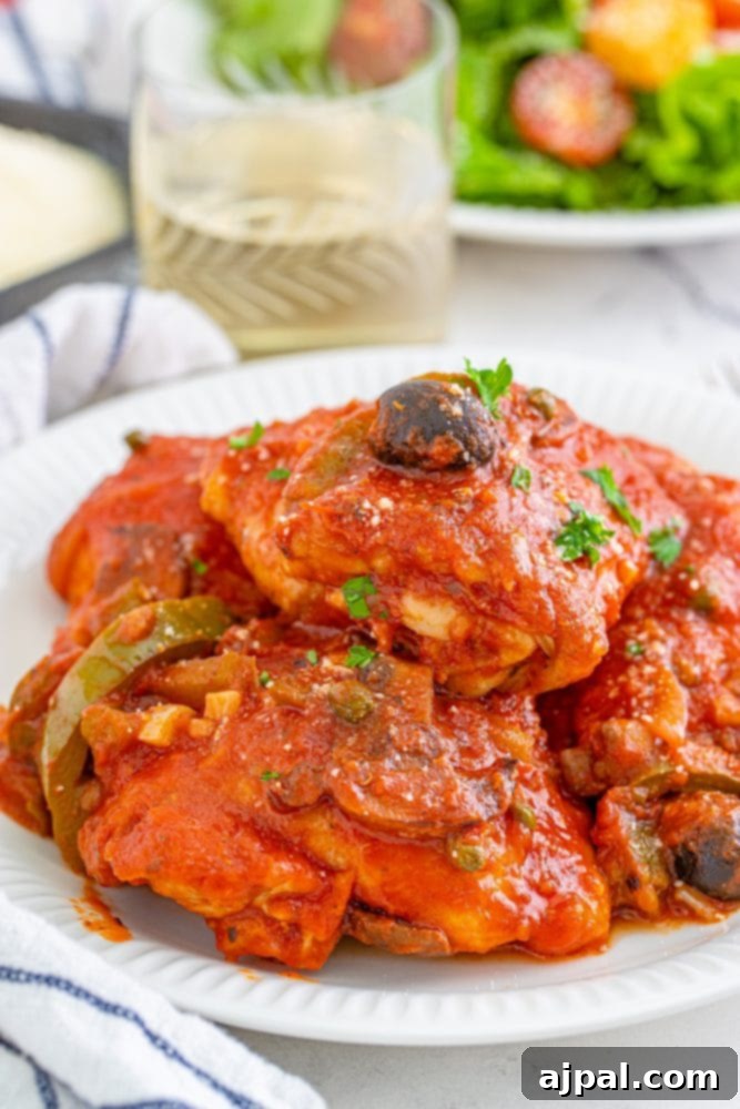Simple Steps to Perfect Chicken Cacciatore 14 A generous serving of Chicken Cacciatore piled high on a white plate, ready to be enjoyed.