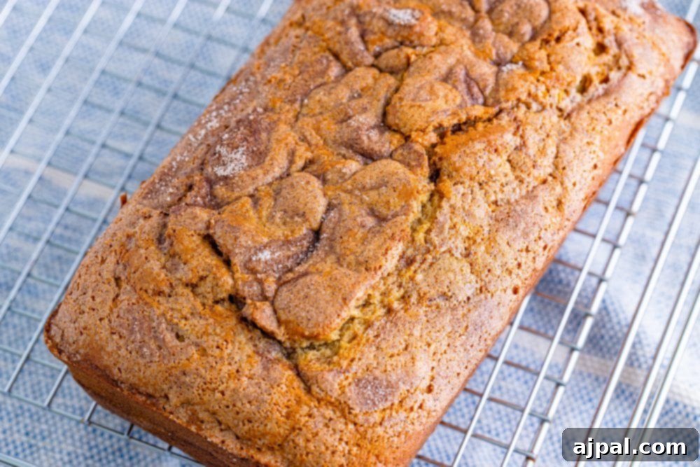 A cinnamon quick bread cooling on a rack.