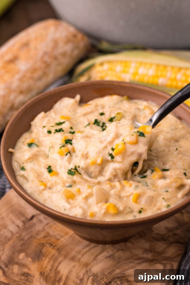 Creamy Corn Chowder 11 A hearty bowl of corn chowder with shredded chicken and a sprinkle of fresh parsley, ready to be enjoyed.