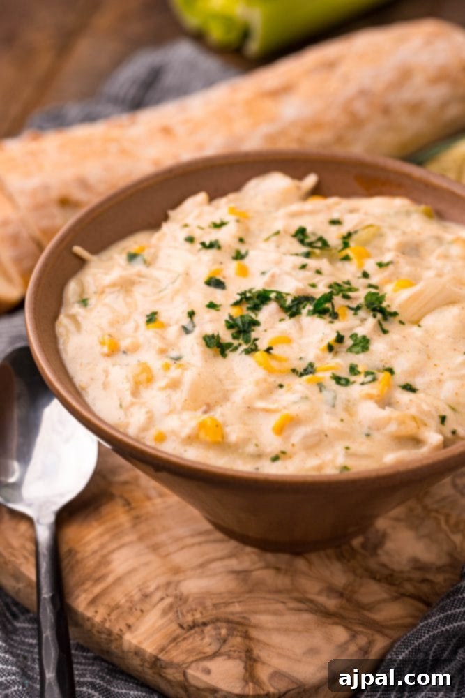Creamy Corn Chowder 3 A bowl of rich chicken corn chowder, showcasing the creamy texture and generous chunks of chicken and corn.
