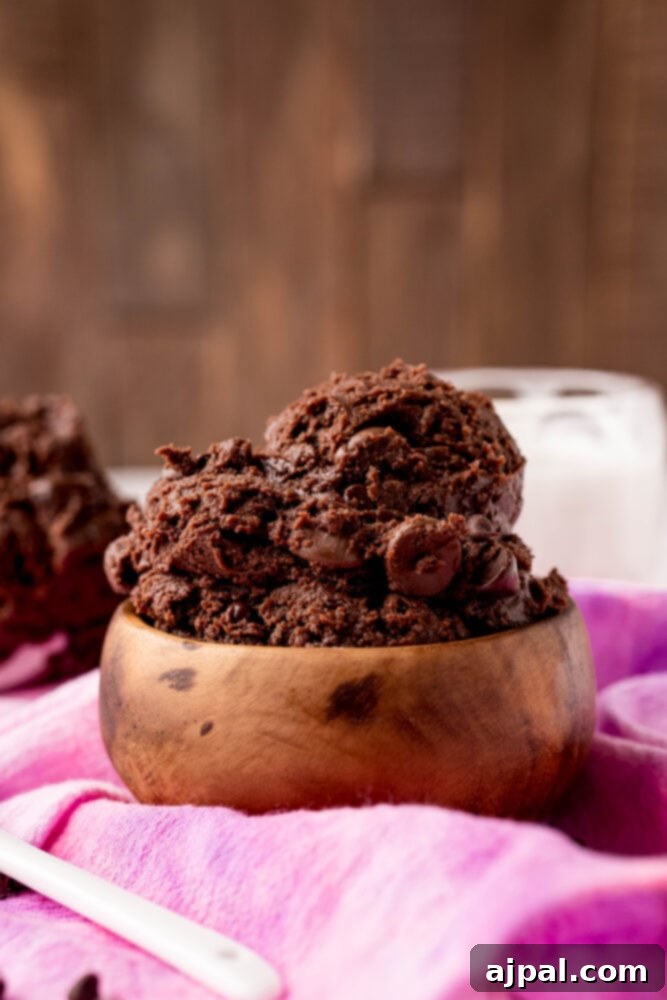 No-Bake Brownie Batter 3 A bowl of rich, dark edible brownie batter sits invitingly, topped with a generous sprinkle of chocolate chips, ready for a spoon.