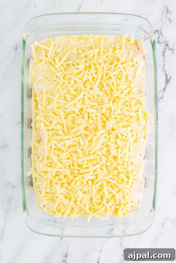 The baking dish of enchiladas now generously topped with shredded Monterey Jack cheese, ready for the oven.