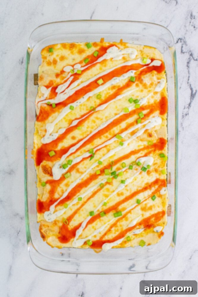 Baked Buffalo Chicken Enchiladas, garnished with a drizzle of ranch and a sprinkle of fresh green onions.