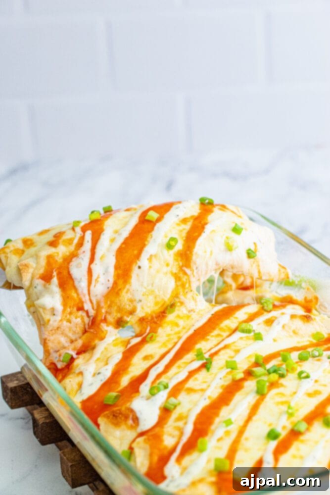 A serving of Buffalo Chicken Enchiladas being lifted from the pan with a spatula, ready to be enjoyed.