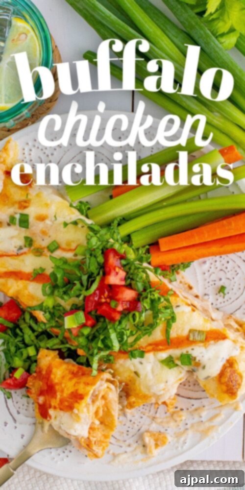 A stunning overhead shot of Buffalo Ranch Chicken Enchiladas, perfectly baked and ready to be served.