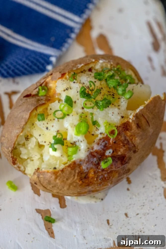 The Best Air Fryer Baked Potato Recipe topped with cheese and chives.