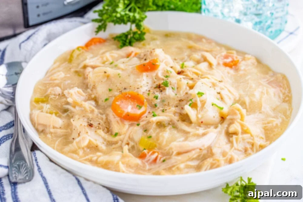 A beautifully presented bowl of chicken and dumplings, ready to eat, with a focus on the rich broth and soft dumplings.