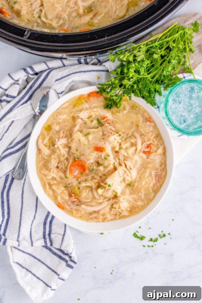 A vibrant close-up of slow cooker chicken and dumplings, showcasing tender chicken and bright carrots in a rich, creamy sauce.