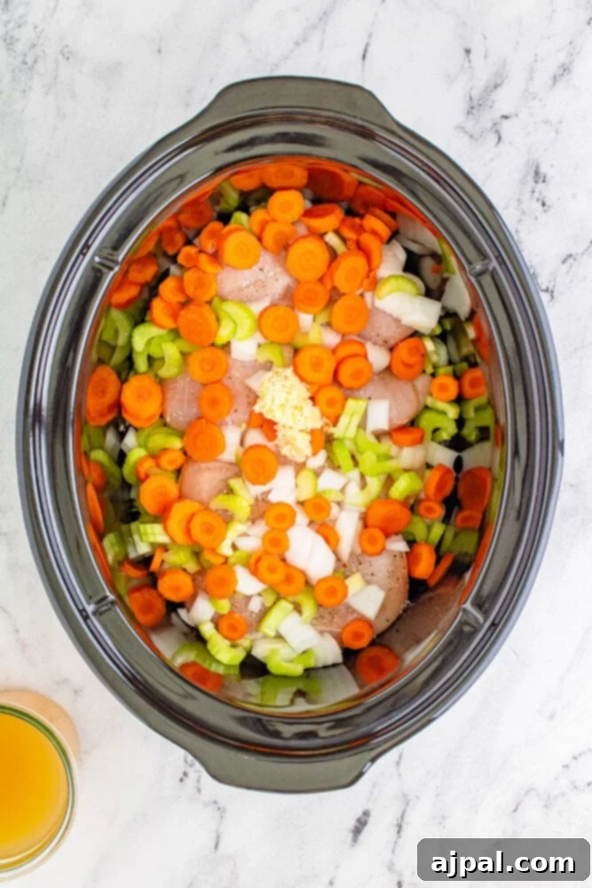 Raw chicken breasts and chopped vegetables including onion, celery, and carrots layered in a slow cooker, ready for cooking.