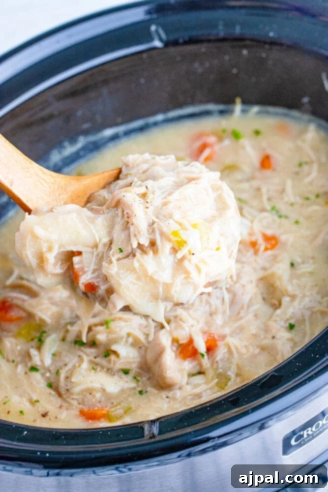 A close-up of mixed chicken and dumplings in a slow cooker, showcasing the creamy texture and fluffy dumplings.