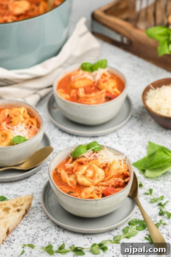 picture of tomato basil chicken tortellini soup in a bowl on a table