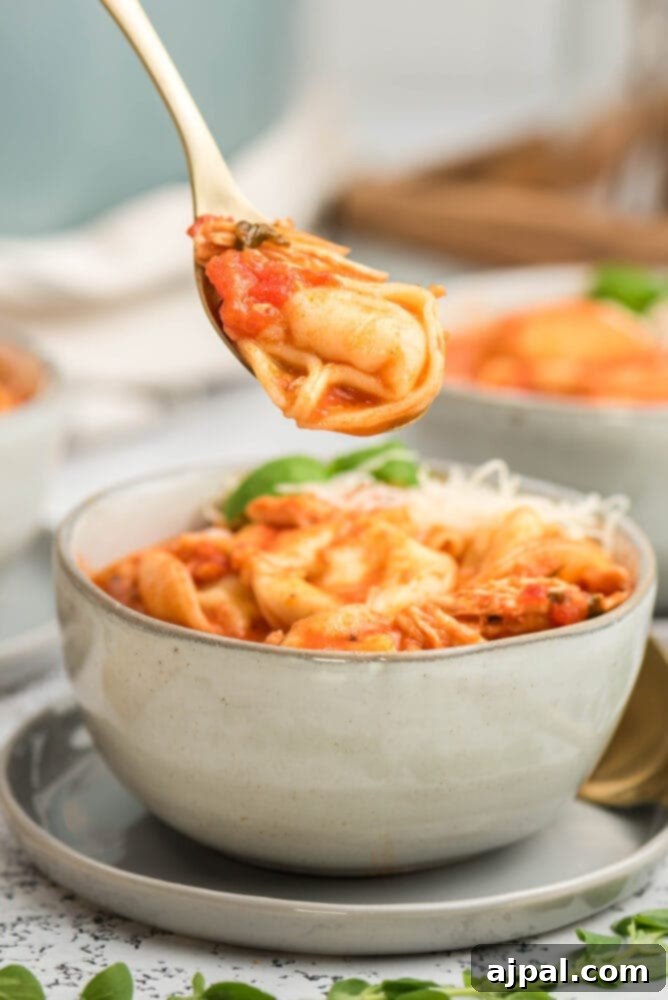 picture of tomato basil chicken tortellini soup in a bowl on a table