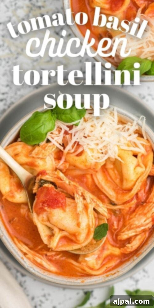 picture of tomato basil chicken tortellini soup in a bowl on a table