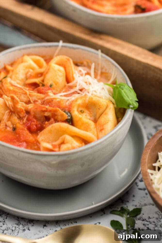 picture of tomato basil chicken tortellini soup in a bowl on a table