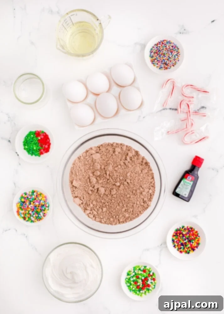 Festive Fudgy Evergreen Brownies 4 Brownie ingredients laid out on a table, including a box mix, oil, and eggs, ready for preparation.