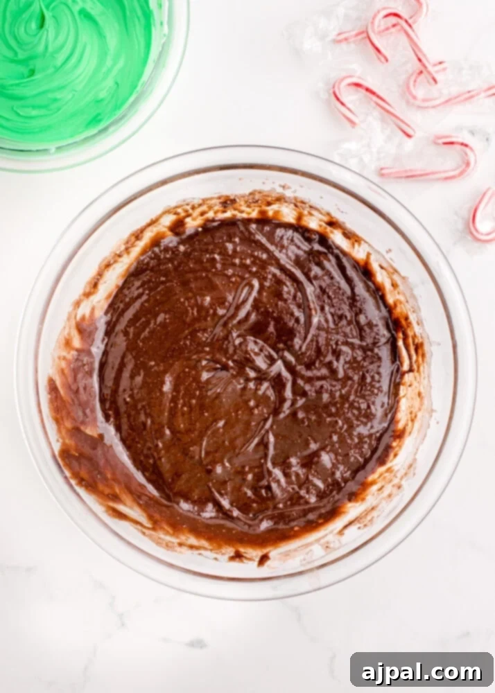 Festive Fudgy Evergreen Brownies 6 Well-mixed brownie batter in a bowl, smooth and ready for baking, showcasing the perfect consistency.