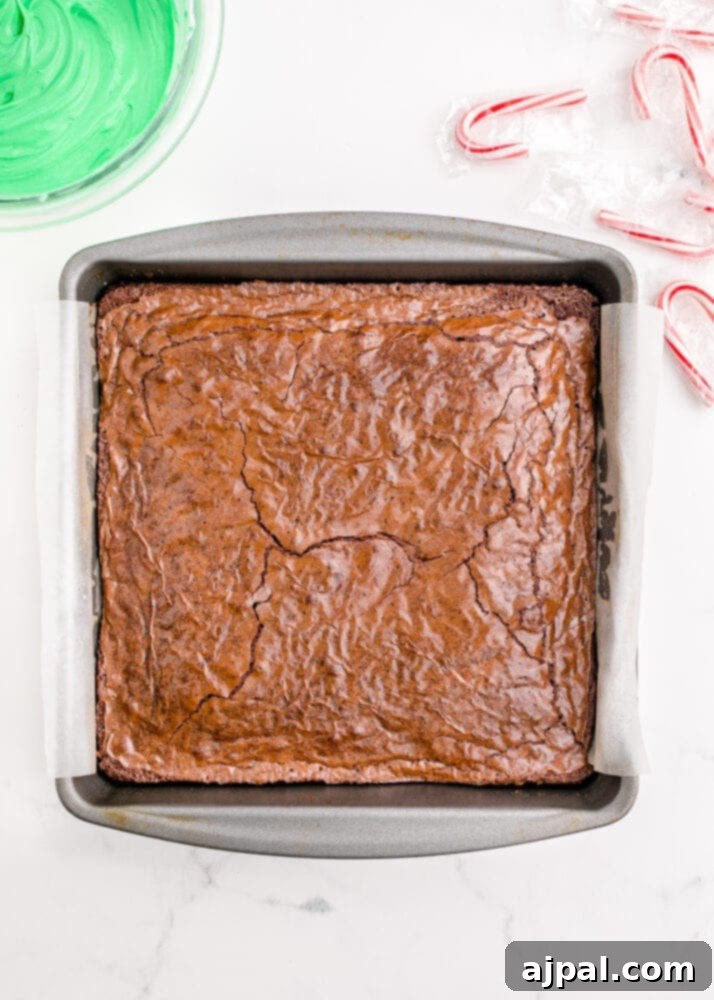 Festive Fudgy Evergreen Brownies 8 Freshly baked brownies in a pan, showcasing a rich, dark color and a slightly crinkled top.