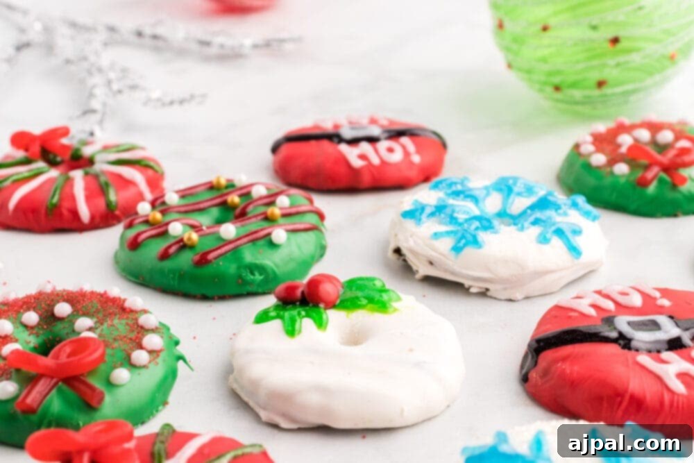 Effortless Christmas Wreath Cookies 16 Festive donuts adorned with Christmas wreath decorations on a elegant marble table, creating a beautiful holiday spread.