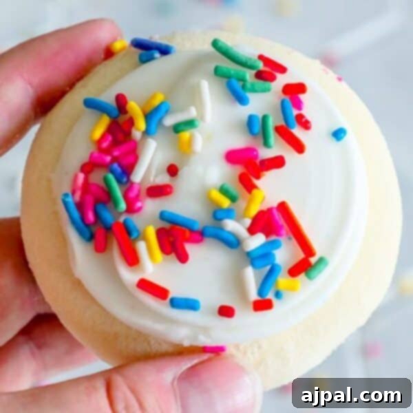 A hand holding a frosted sugar cookie with sprinkles on top.
