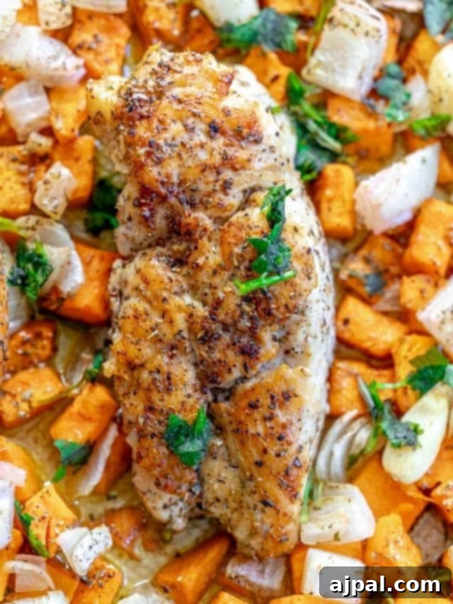 Roasted Turkey Tenderloin and Sweet Potatoes 2 picture of turkey tenderloin on baking sheet with sweet potatoes and onions
