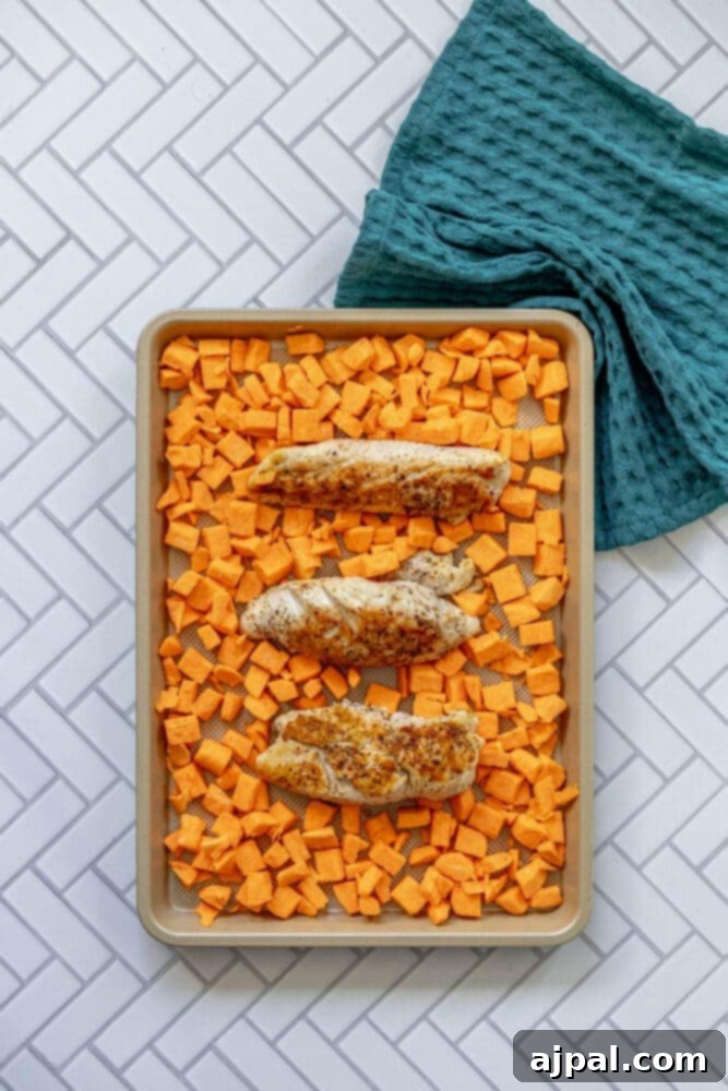 Roasted Turkey Tenderloin and Sweet Potatoes 11 picture of turkey tenderloins and sweet potatoes on a baking sheet